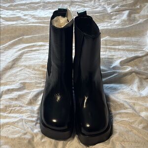 Black Leather Ankle Wedge Platform Boots